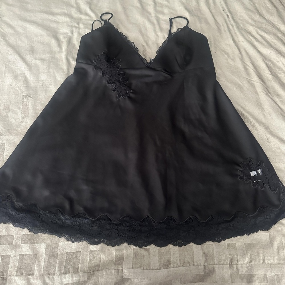 Princess‎ Polly Dress Womens 16 Black Satin Slip Lace Trim Mini Party Cocktail